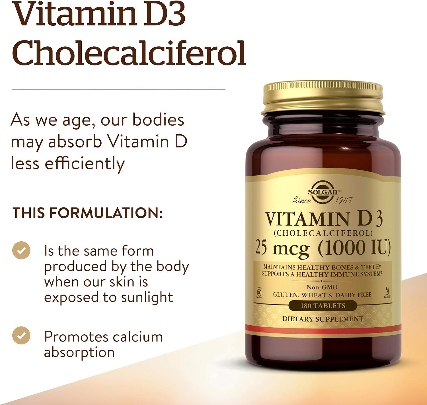 Solgar Vitamina D3 (Colecalciferol) 25 mcg (1000 UI) – 180 Comprimidos