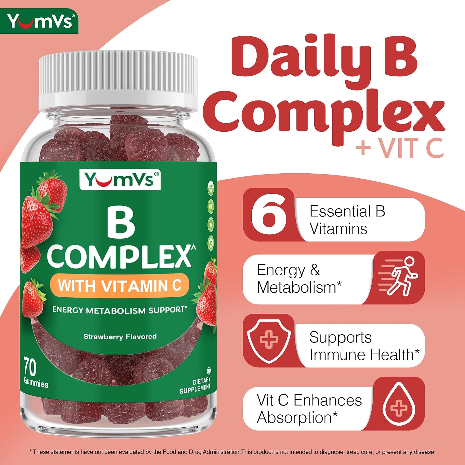 YUM-V'S Complejo B en gominolas con vitamina C – 1 al día para energía y sistema nervioso – Vegano, Kosher – 70 unidades (2 paquetes)