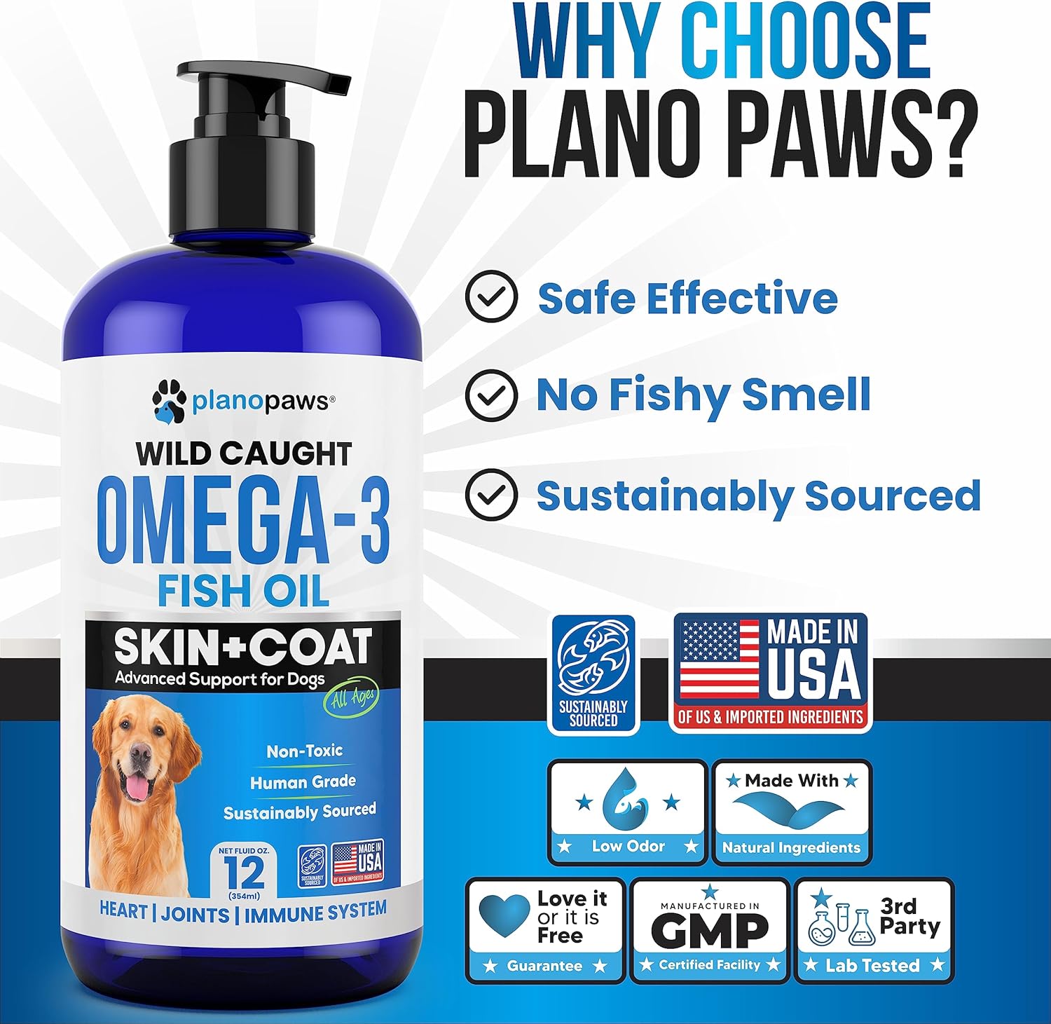 Omega 3 para Perros - Aceite de Pescado Salvaje - Suplemento Líquido para Piel, Pelaje y Articulaciones