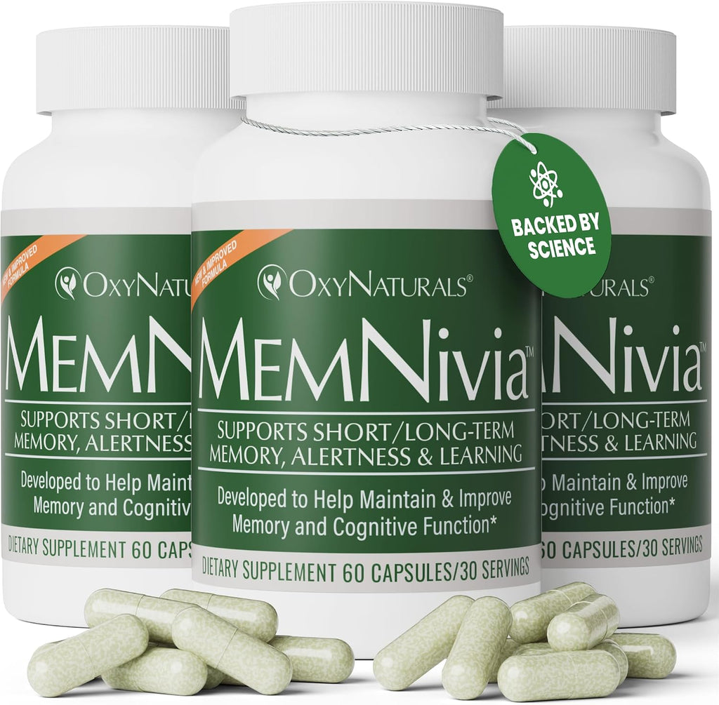 MemNivia Suplemento para la Memoria y Concentración | Fórmula con Cognivia®, Bacopa, Albahaca Santa y Jengibre | 60 Cápsulas