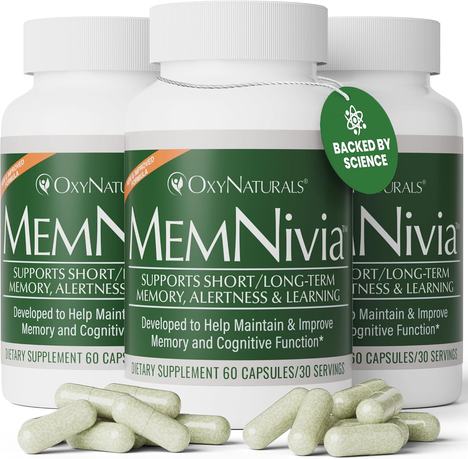 MemNivia Suplemento para la Memoria y Concentración | Fórmula con Cognivia®, Bacopa, Albahaca Santa y Jengibre | 60 Cápsulas