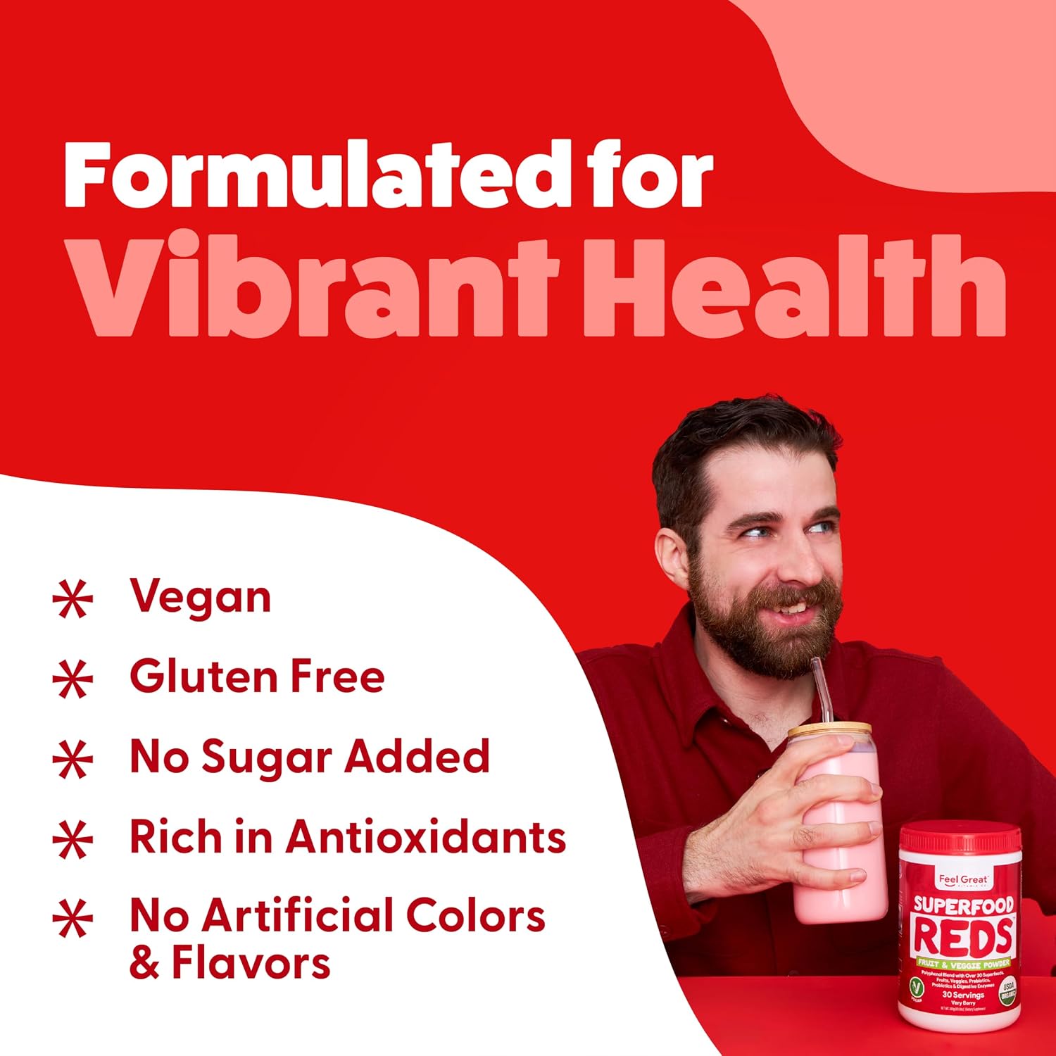 Feel Great Organic Superfood Reds Powder - Remolacha, Frutas y Verduras - Apoyo Digestivo y Antioxidante