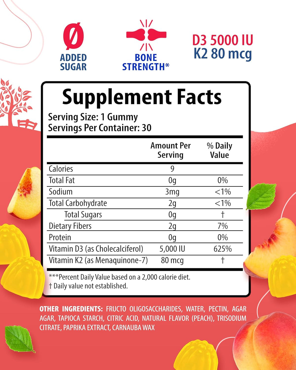 SUNNY SAM Vitamin D3 K2 Gummies 5000 UI, Sin Azúcar, 30 Gominolas