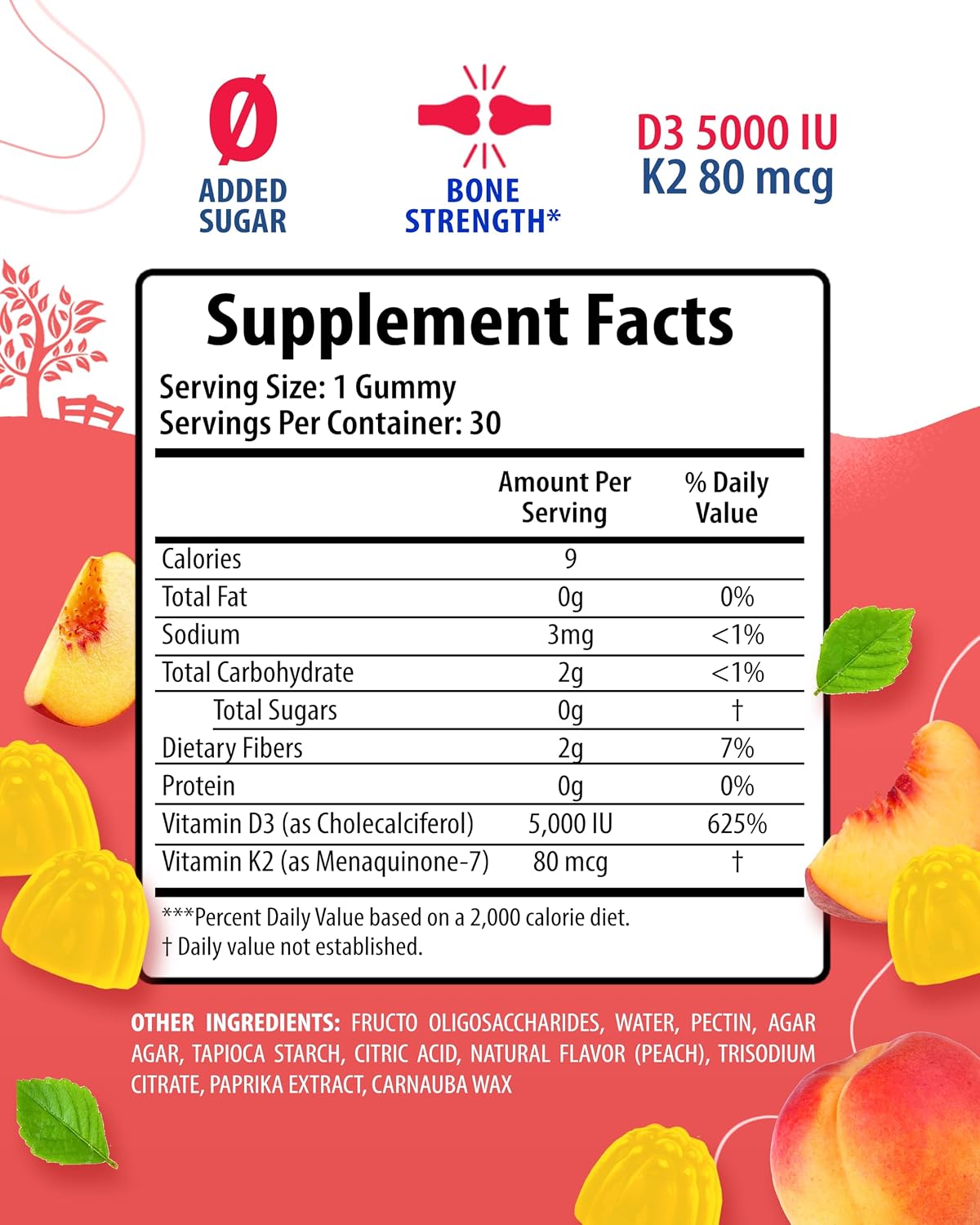 SUNNY SAM Vitamin D3 K2 Gummies 5000 UI, Sin Azúcar, 30 Gominolas