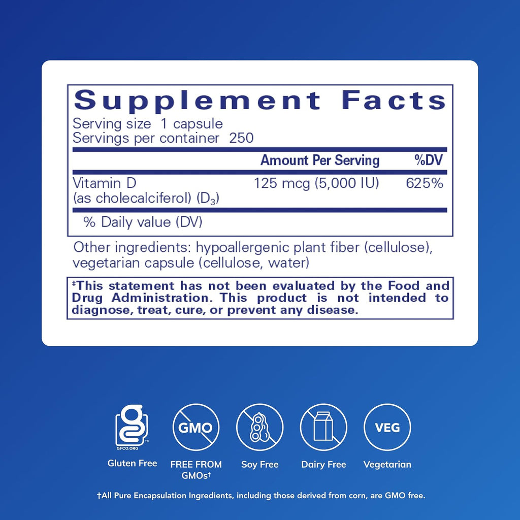 Pure Encapsulations Vitamina D3 125 mcg (5.000 UI) - 250 Cápsulas