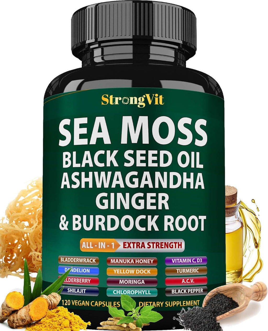 StrongVit Cápsulas de Sea Moss Orgánico con Aceite de Semilla Negra, Ashwagandha y Jengibre, Raíz de Bardana y Vejiga de Mar, Suplemento Multimineral Avanzado