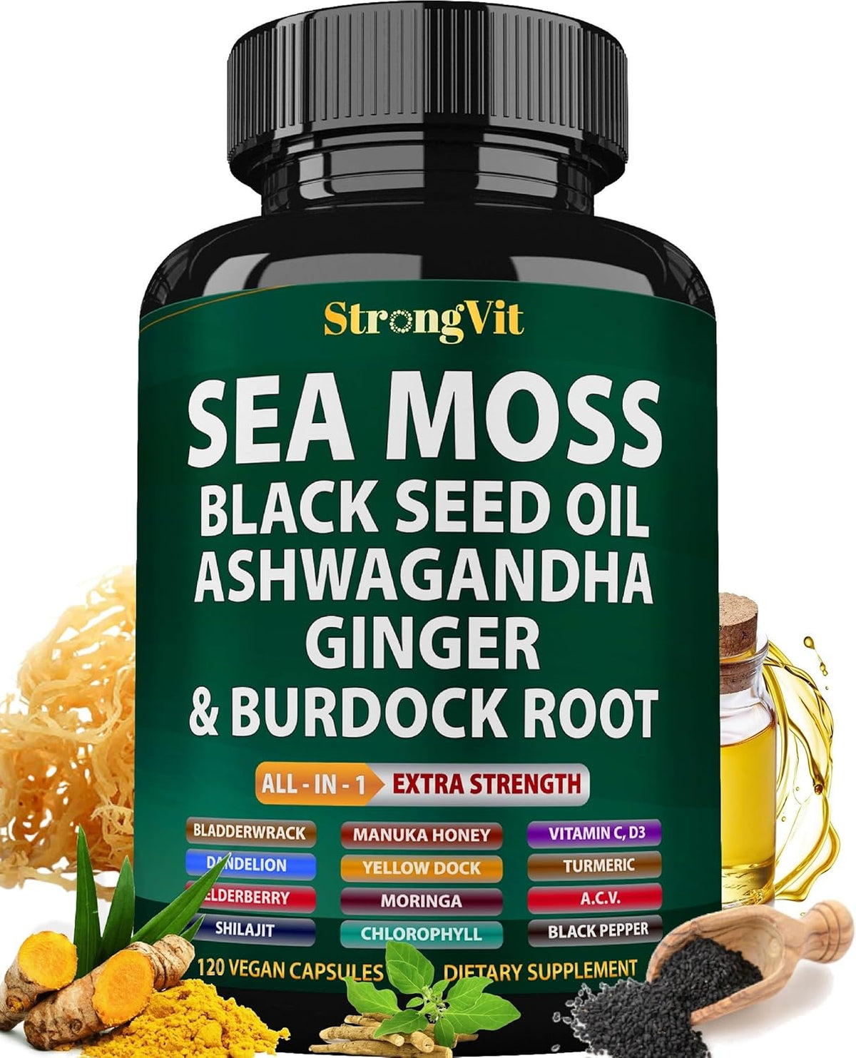 StrongVit Cápsulas de Sea Moss Orgánico con – Ashwagandha: Adaptógeno que puede ayudar a reducir el estrés y – Image 10