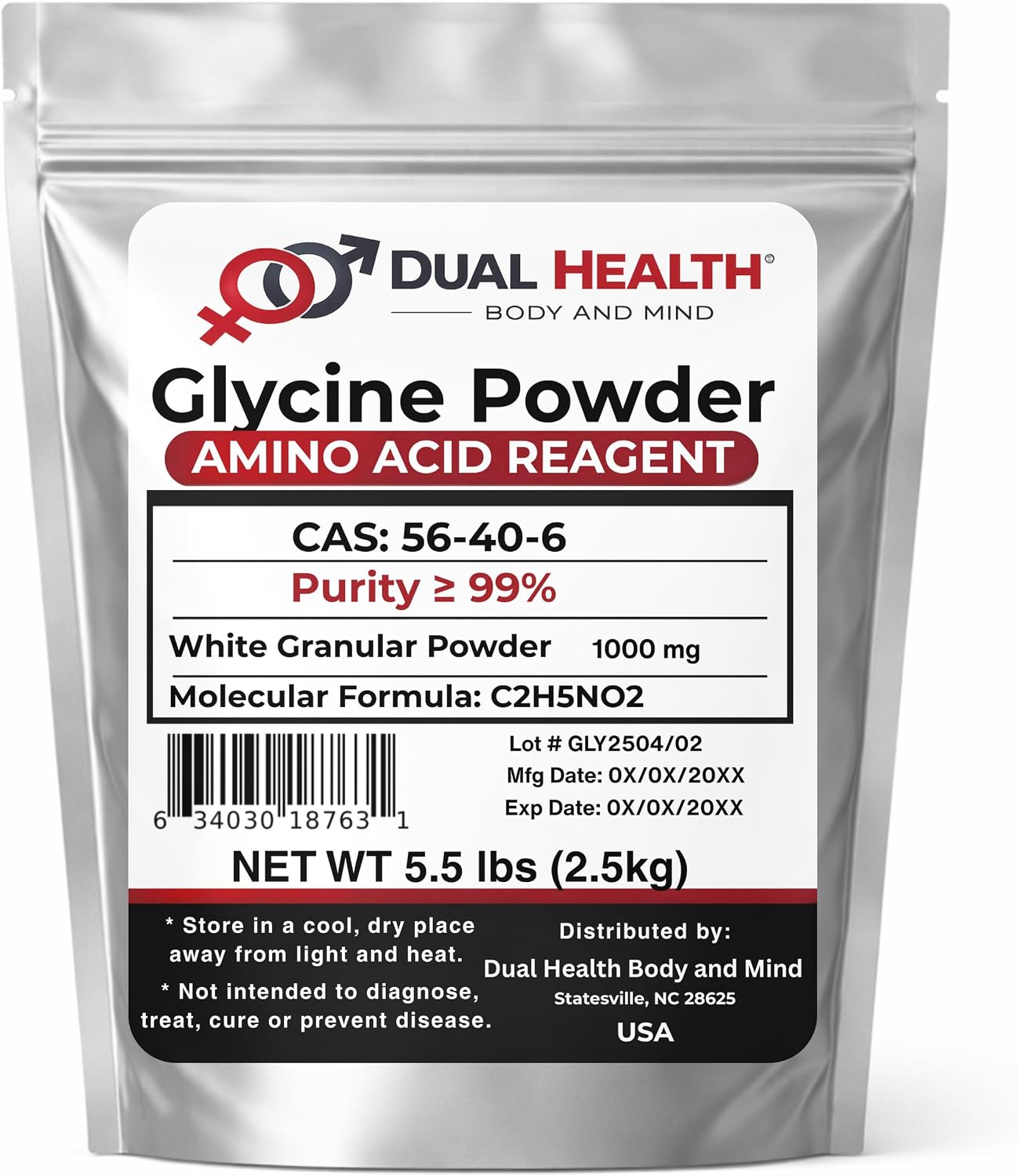 Glicina en Polvo Pura (2.5 kg) - Aminoácido Libre, Sin OGM, Sin Gluten, Vegano