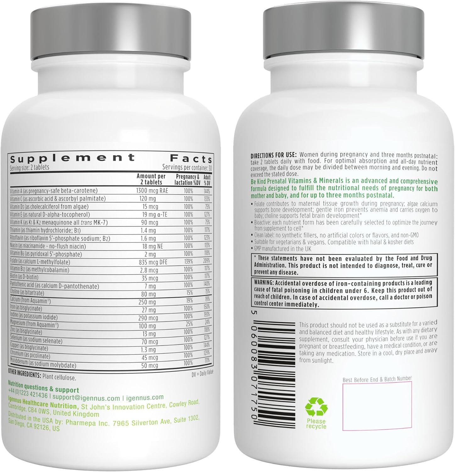 Igennus Methylated Prenatal Multivitamin para Mujeres - 60 Comprimidos (Pack de 6)
