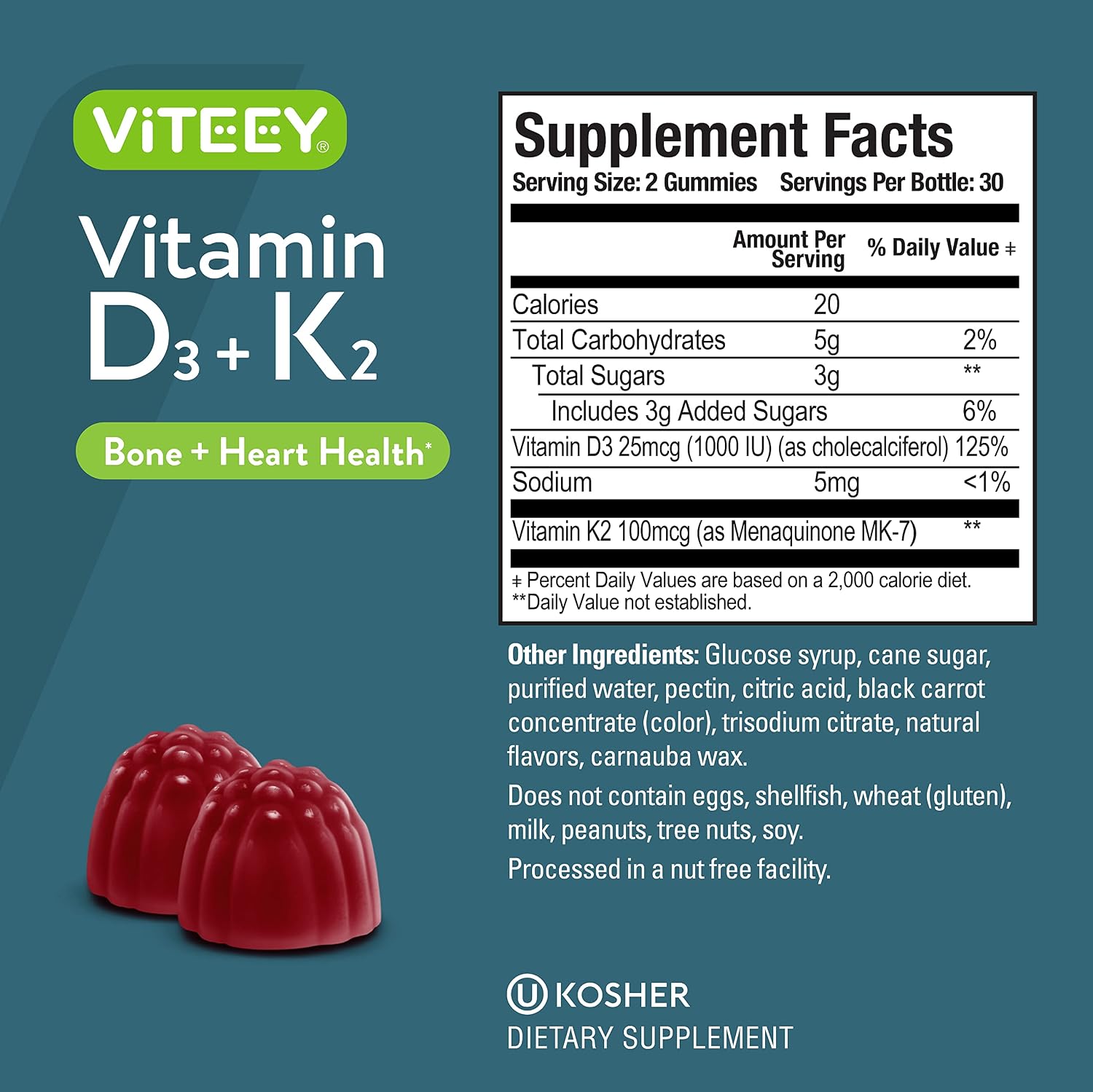 Viteey Vitamina D3 K2 Gominolas - 1000 UI Vitamina D3 y K2 100 mcg - 120 unidades
