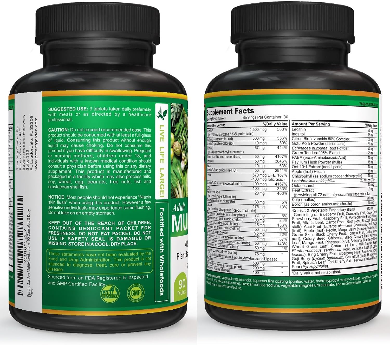 Potent Garden Multivitamínico para Hombres y Mujeres – 42 Frutas y Verduras, Probióticos y Enzimas, Complemento Alimenticio Diario, 90 Comprimidos