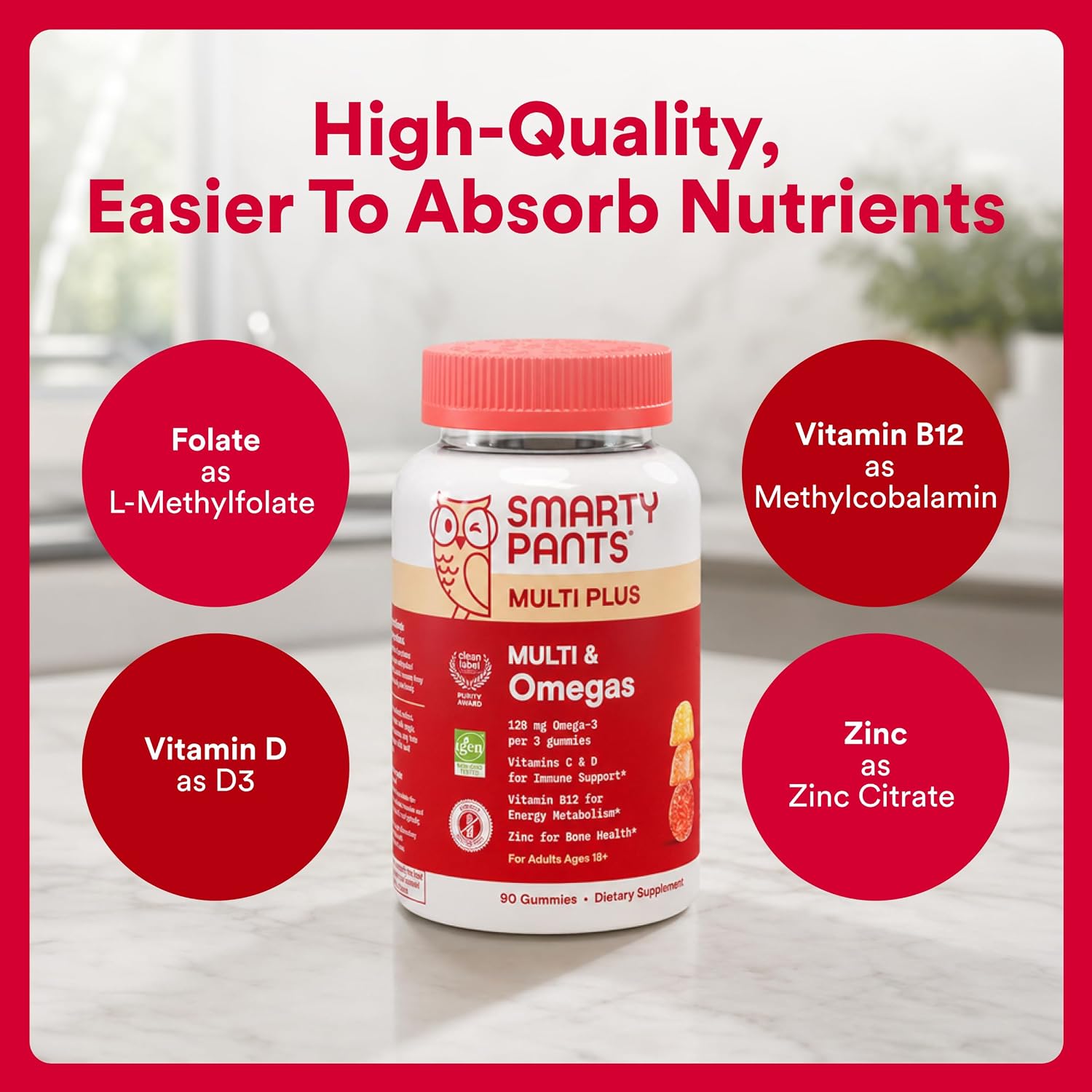 SmartyPants Plus Multi & Omegas Multivitamínico en Gominolas para Hombres y Mujeres – 90 Gominolas (30 Días)