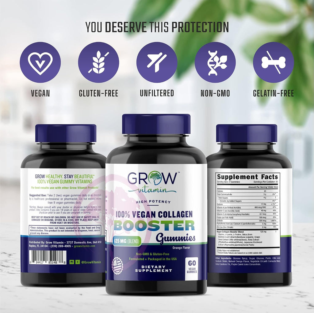 grow vitamin Collagen Booster Gummy Bears – Gominolas Veganas de Biotina para Piel, Cabello y Uñas – Sabor Fresa – 60 Gominolas