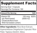 NATURELO Vitamina D3 5000 UI - Vegana a base de Liquen - 180 Cápsulas