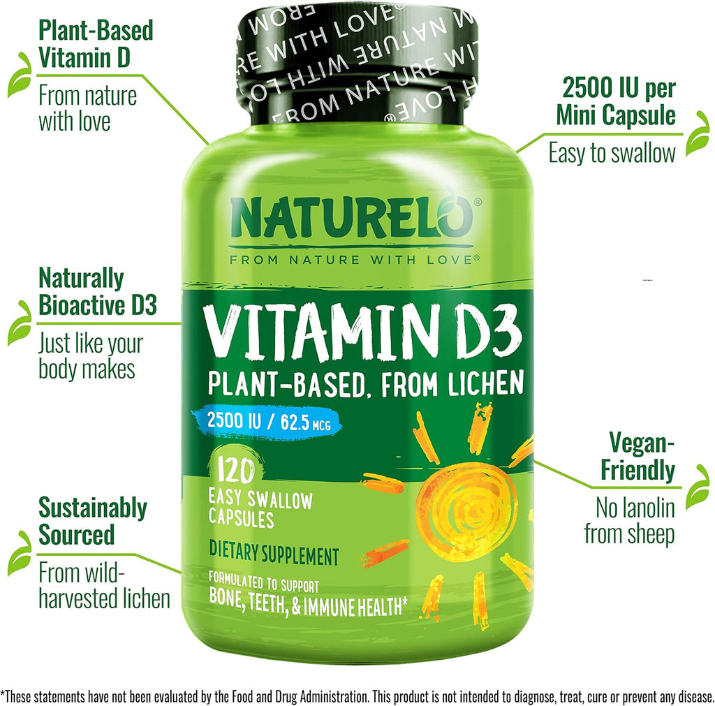 NATURELO Vitamina D3 2500 IU - 120 Cápsulas - Vegana de Líquen
