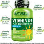 NATURELO Vitamina D3 2500 IU - 120 Cápsulas - Vegana de Líquen