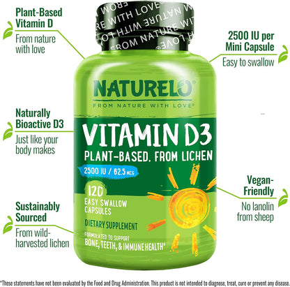 NATURELO Vitamina D3 2500 IU - 120 Cápsulas - Vegana de Líquen – Image 2