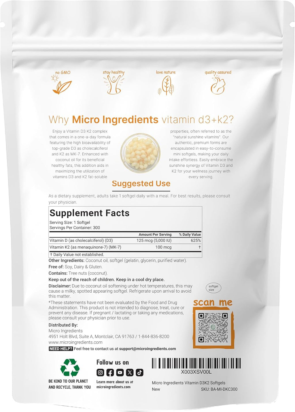 Micro Ingredients Vitamina D3 5.000 UI + K2 MK-7 100 mcg, 300 Cápsulas Blandas con Aceite de Coco Virgen