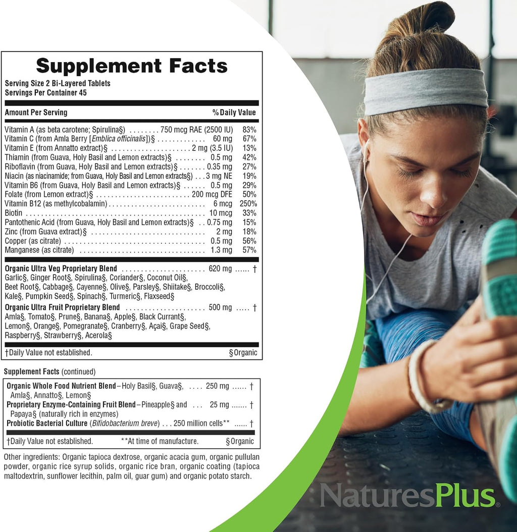 NaturesPlus Ultra Juice Multivitamin - 90 Comprimidos Bicapa - Complemento Alimenticio Integral con Frutas, Verduras y Probióticos - Energía, Digestión y Salud Inmunológica - Ecológico - 45 Dosis