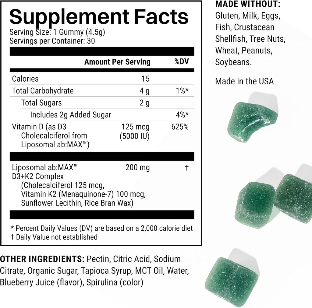 Haroutine Liposomal Vitamin D3 + K2 Gummies - Sabor a Frutos Rojos, 5000 UI D3 y 100 mcg K2 MK-7, 30 Gominolas