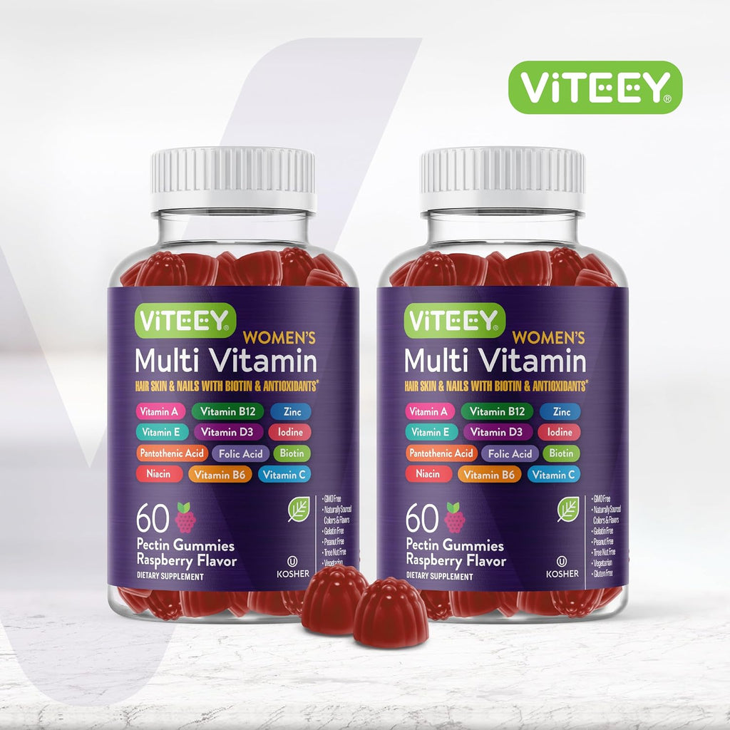 Viteey Gominolas Multivitamínicas para Mujeres - 12 Vitaminas y Minerales Esenciales - Sabor Frambuesa - 120 Gominolas