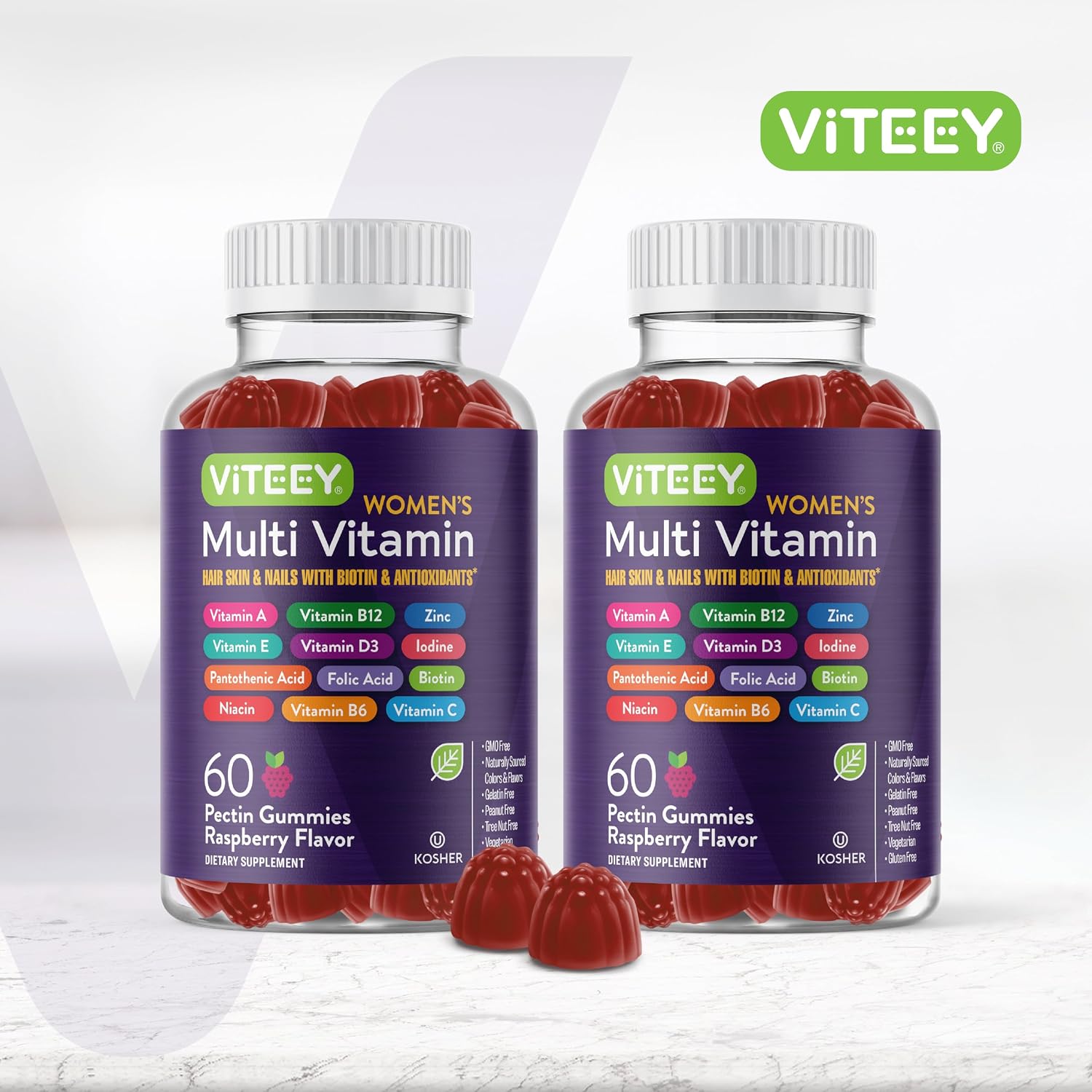 Viteey Gominolas Multivitamínicas para Mujeres - 12 Vitaminas y Minerales Esenciales - Sabor Frambuesa - 120 Gominolas