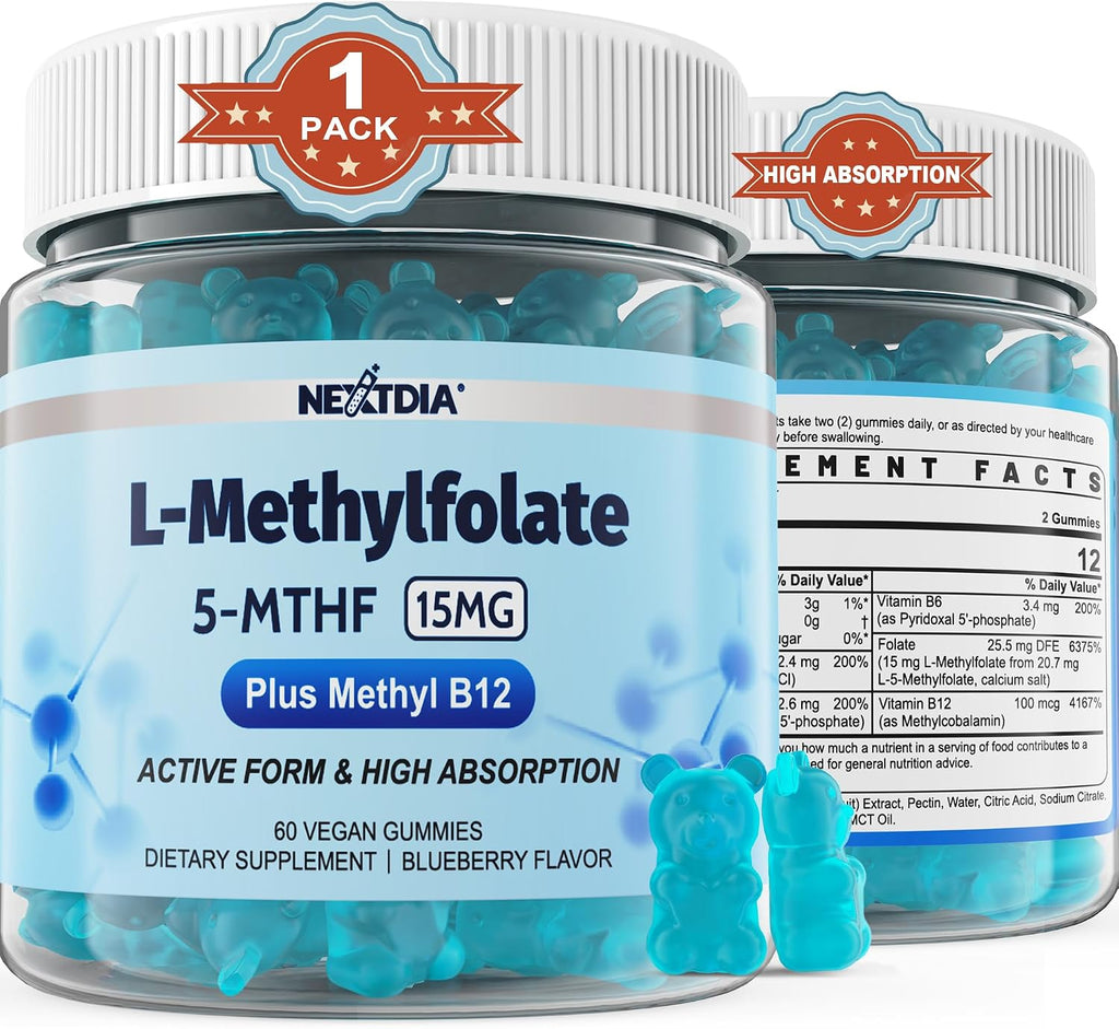 Nextdia L-Metilfolato 15mg y Metil B12 Gomitas - Complejo B Metilado - 60 Unidades