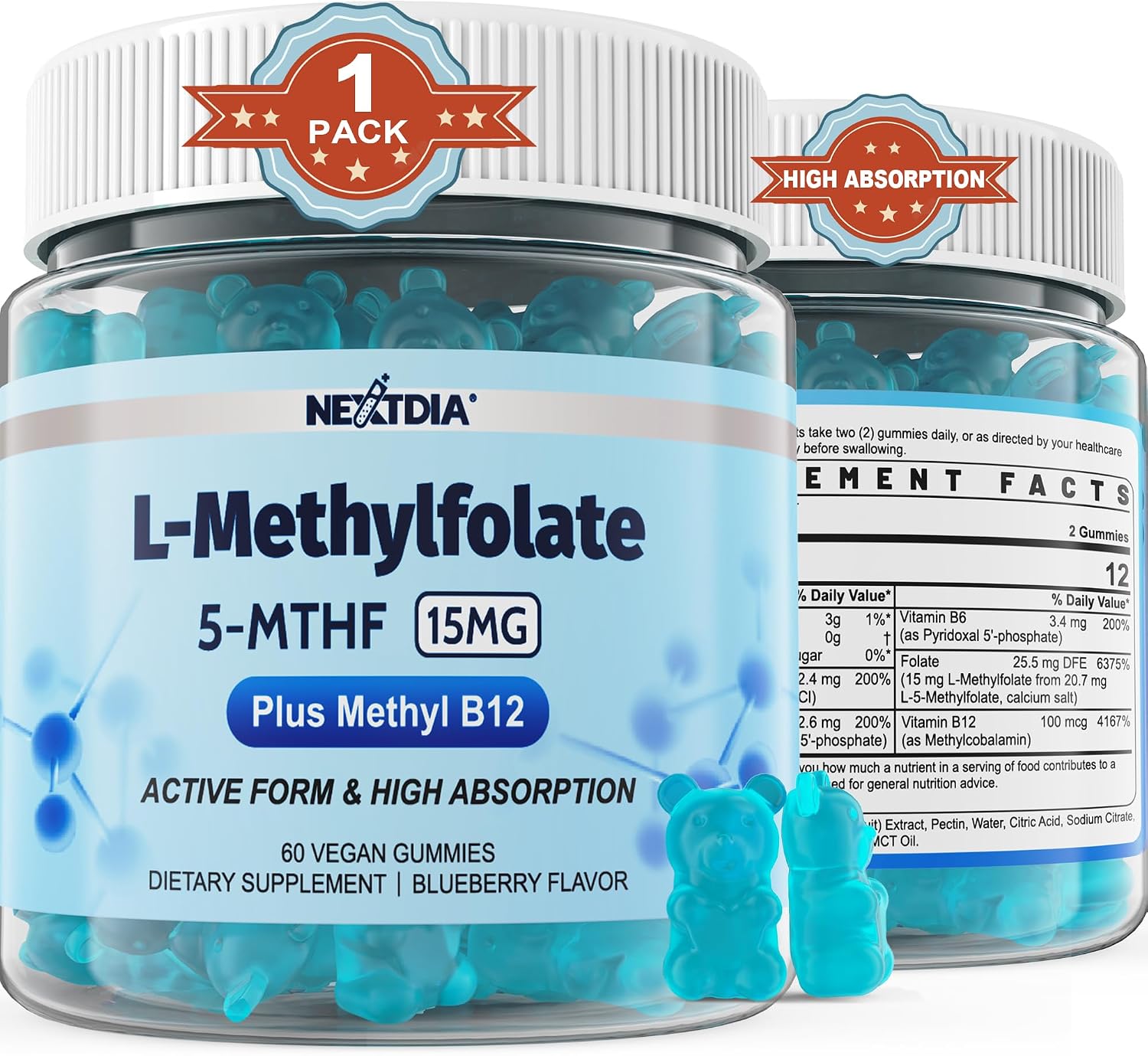 Nextdia L-Metilfolato 15mg y Metil B12 Gomitas - Complejo B Metilado - 60 Unidades