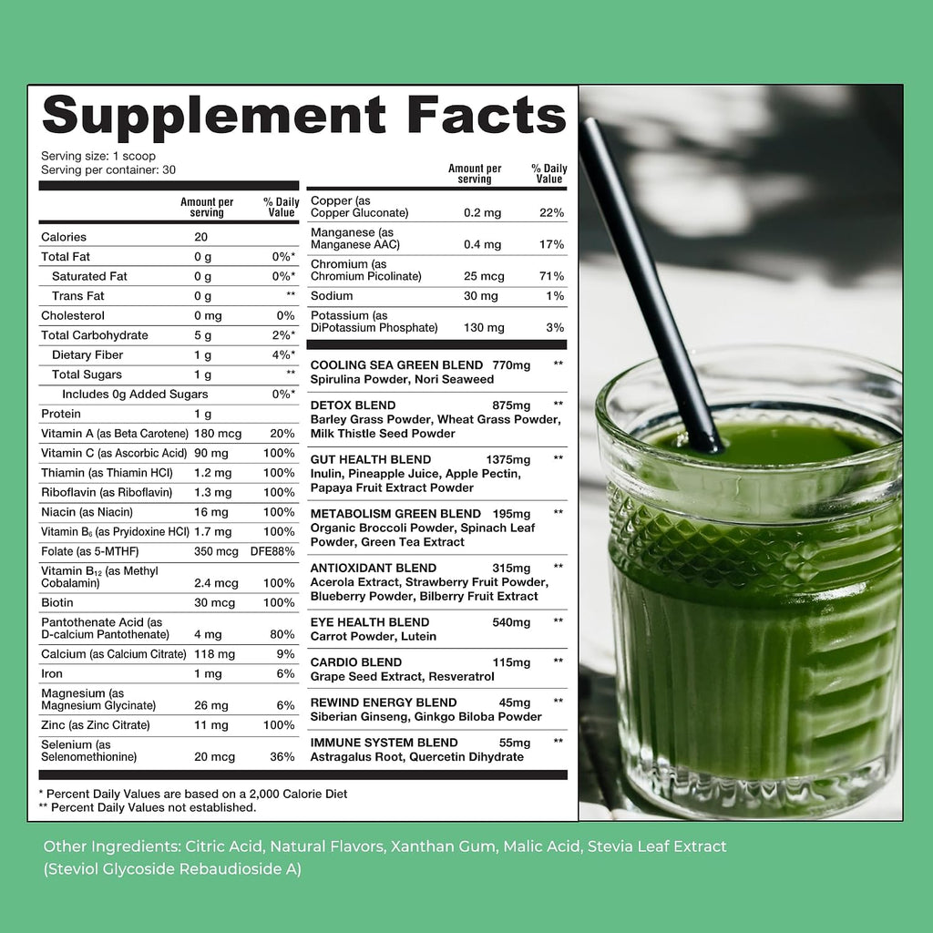 Rewind Best Tasting Super Greens Powder - Sabor Melocotón - 40+ Superalimentos con Vitaminas y Minerales