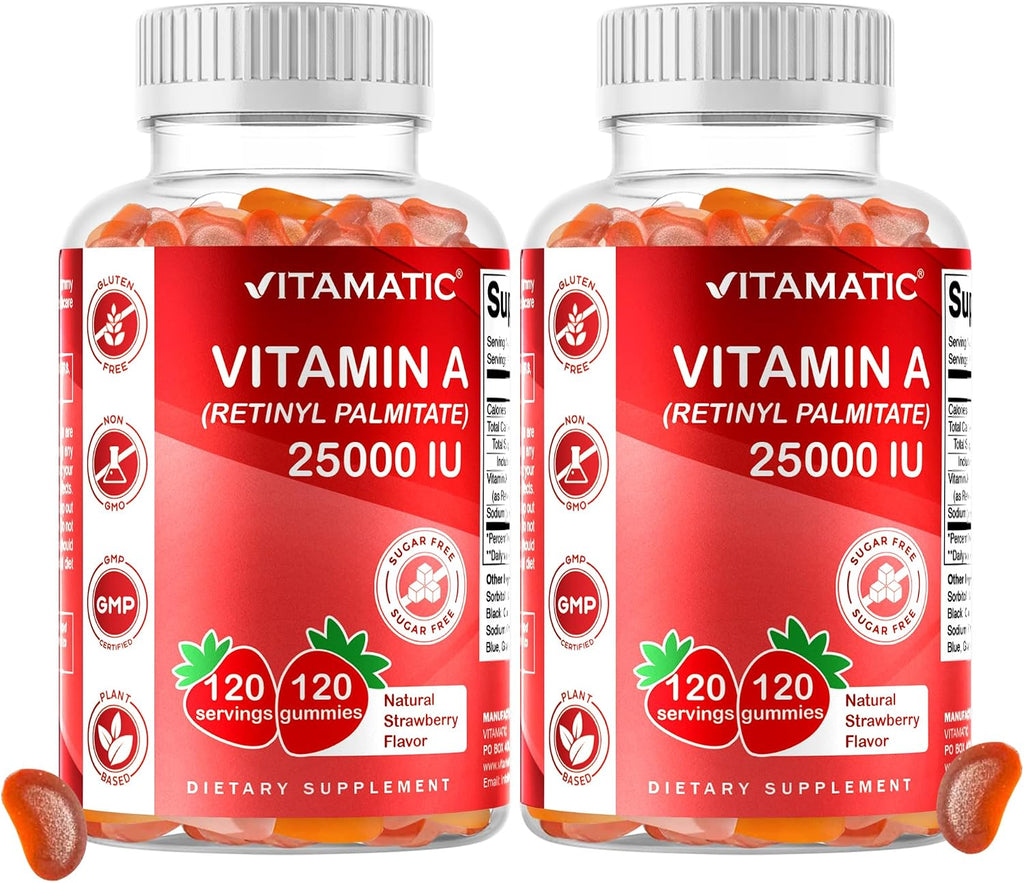 Vitamatic Vitamina A 25000 UI Gominolas Sin Azúcar (Palmitato de Retinilo) - Sabor Natural a Fresa - 120 Gominolas (2 Frascos)