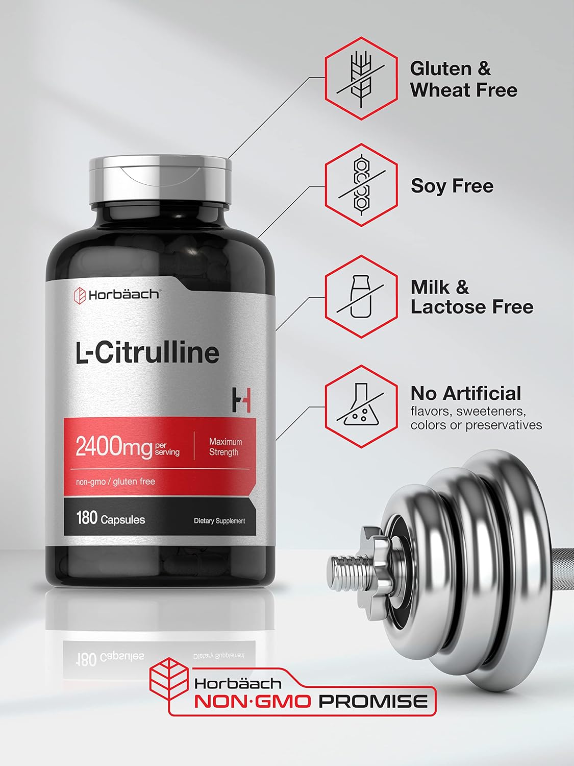 Horbäach L-Citrulina – 2400 mg – 180 Cápsulas – Libre de Gluten y OMG
