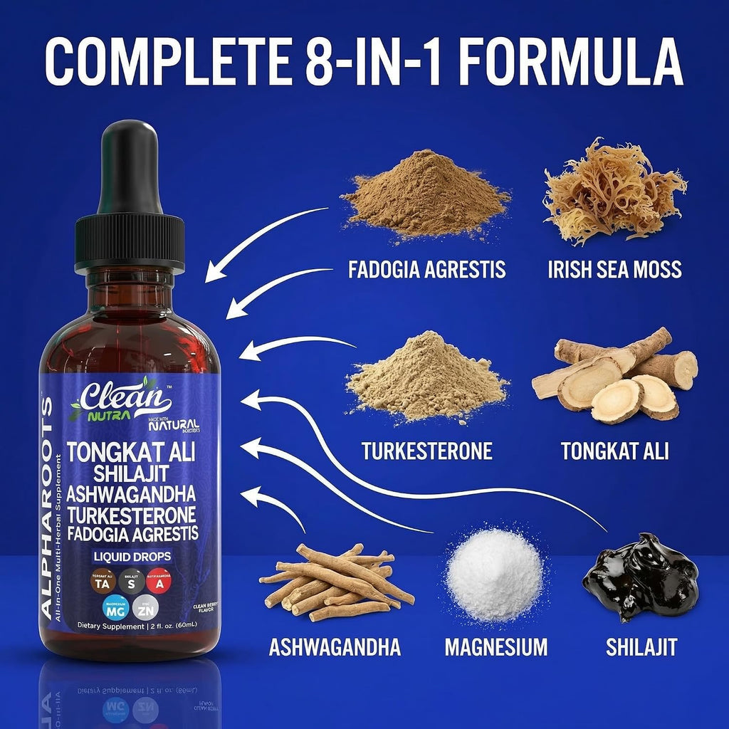 Tongkat Ali Líquido con Shilajit, Ashwagandha, Turkesterona, Fadogia Agrestis, Magnesio, Musgo Marino y Zinc - Clean Nutra