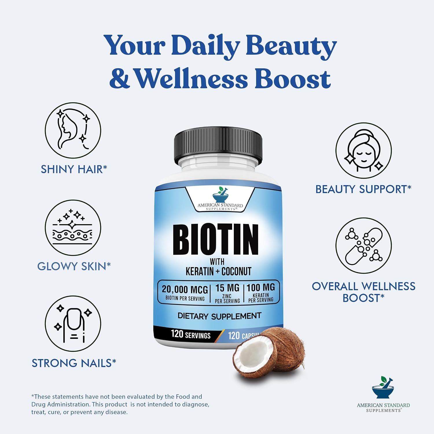 American Standard Supplements Biotina 20.000 mcg con Keratina y Zinc, 120 Cápsulas Veganas