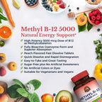 Vitalitown Vitamina B12 (Metil B12) 5000 mcg, Forma Totalmente Bioactiva, Sabor Melocotón Natural, 240 Comprimidos de Disolución Rápida
