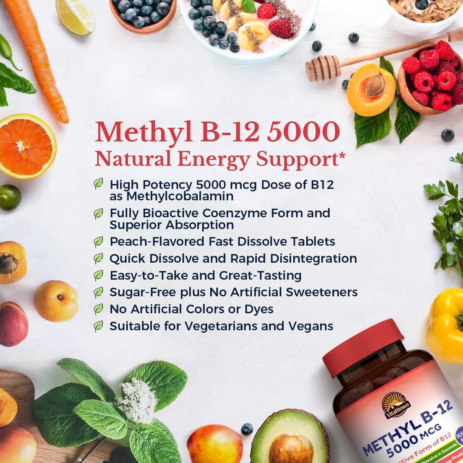 Vitalitown Vitamina B12 (Metil B12) 5000 mcg, Forma Totalmente Bioactiva, Sabor Melocotón Natural, 240 Comprimidos de Disolución Rápida