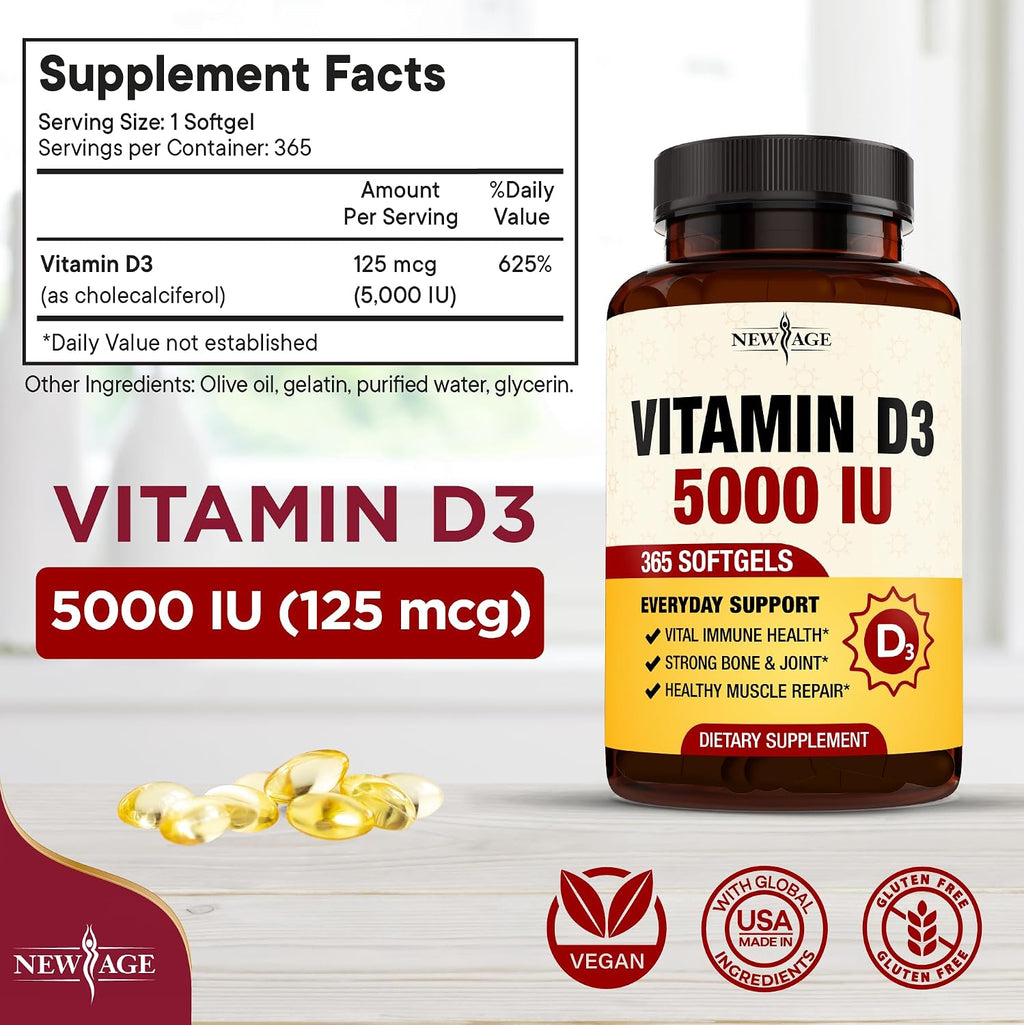 NEW AGE Vitamin D3 5000 IU (125mcg) - 360 Cápsulas Blandas | Apoyo Inmunológico y Salud Ósea