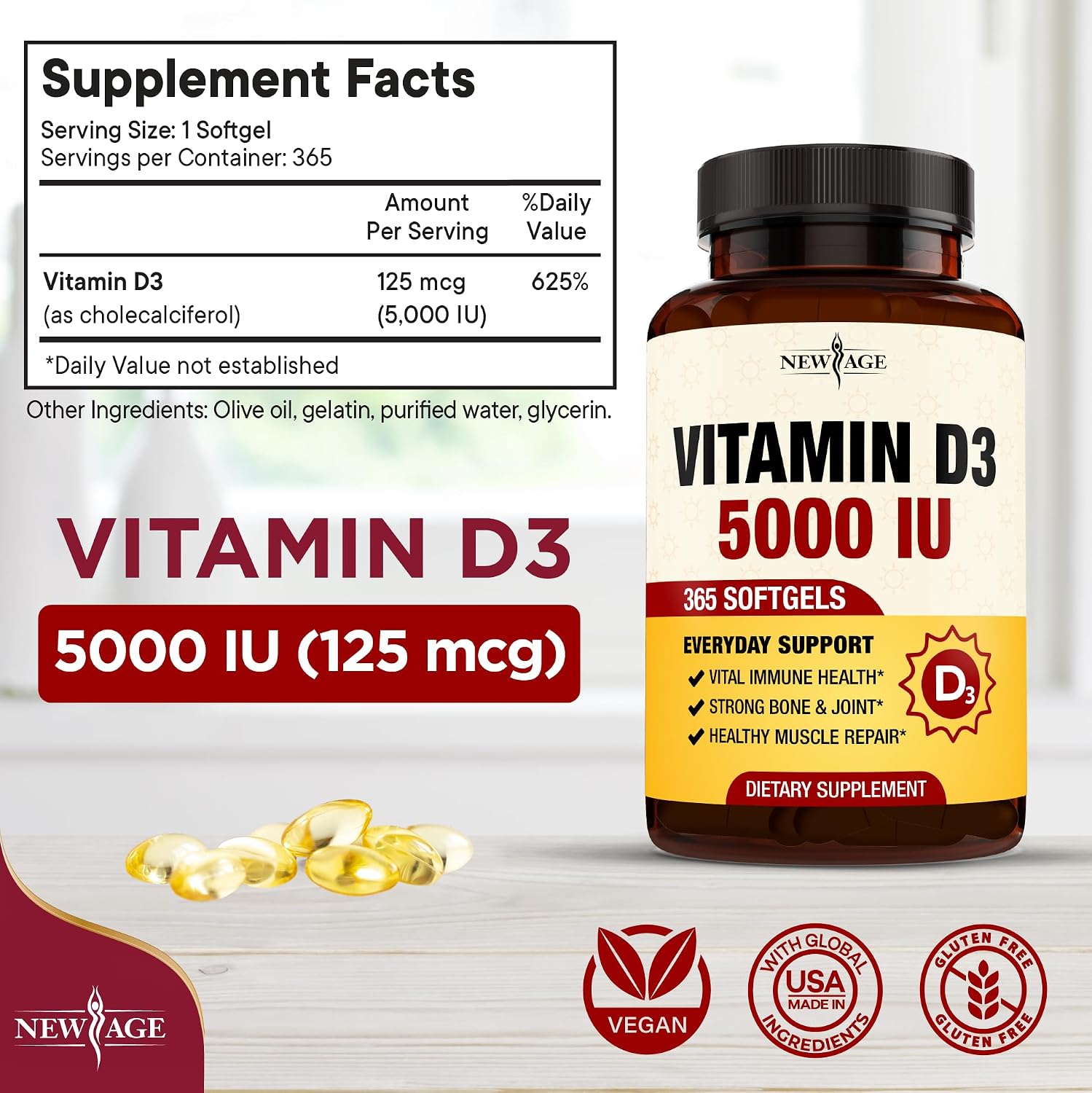NEW AGE Vitamin D3 5000 IU (125mcg) - 360 Cápsulas Blandas | Apoyo Inmunológico y Salud Ósea