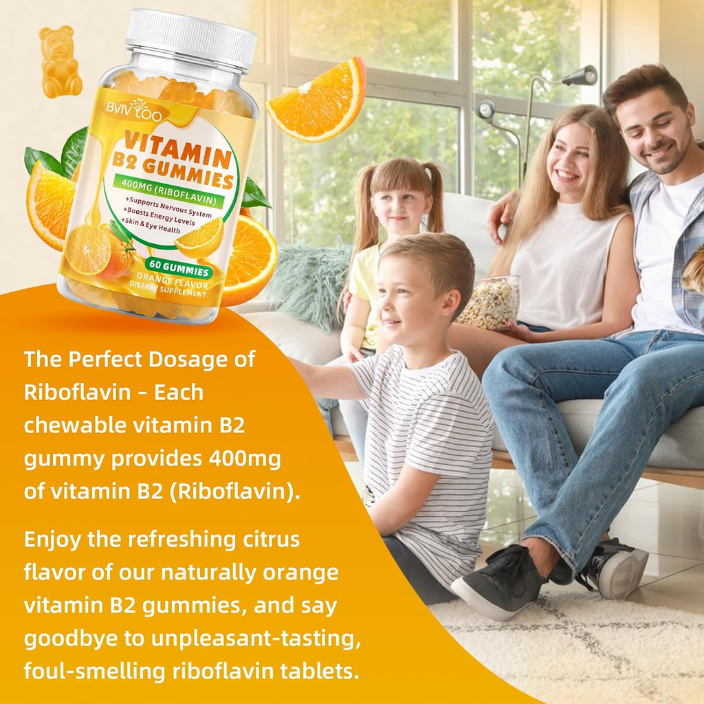 Gominolas de Vitamina B2 400mg - Riboflavina - Pack de 2 - Vegano, Sin Azúcar, Sabor Naranja - 120 Gominolas