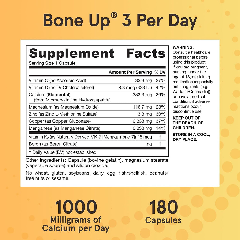 Jarrow Formulas BoneUp Three Per Day – Densidad ósea y nutrición esquelética – Vitamina D3, K2 (MK-7) y calcio – 180 cápsulas (60 días)