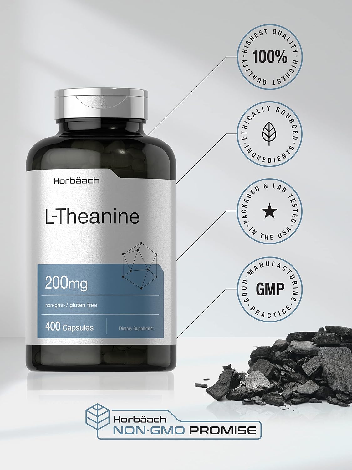 Horbäach L-Teanina | 200mg | 400 Cápsulas | Formato Económico | Sin OGM, Sin Gluten