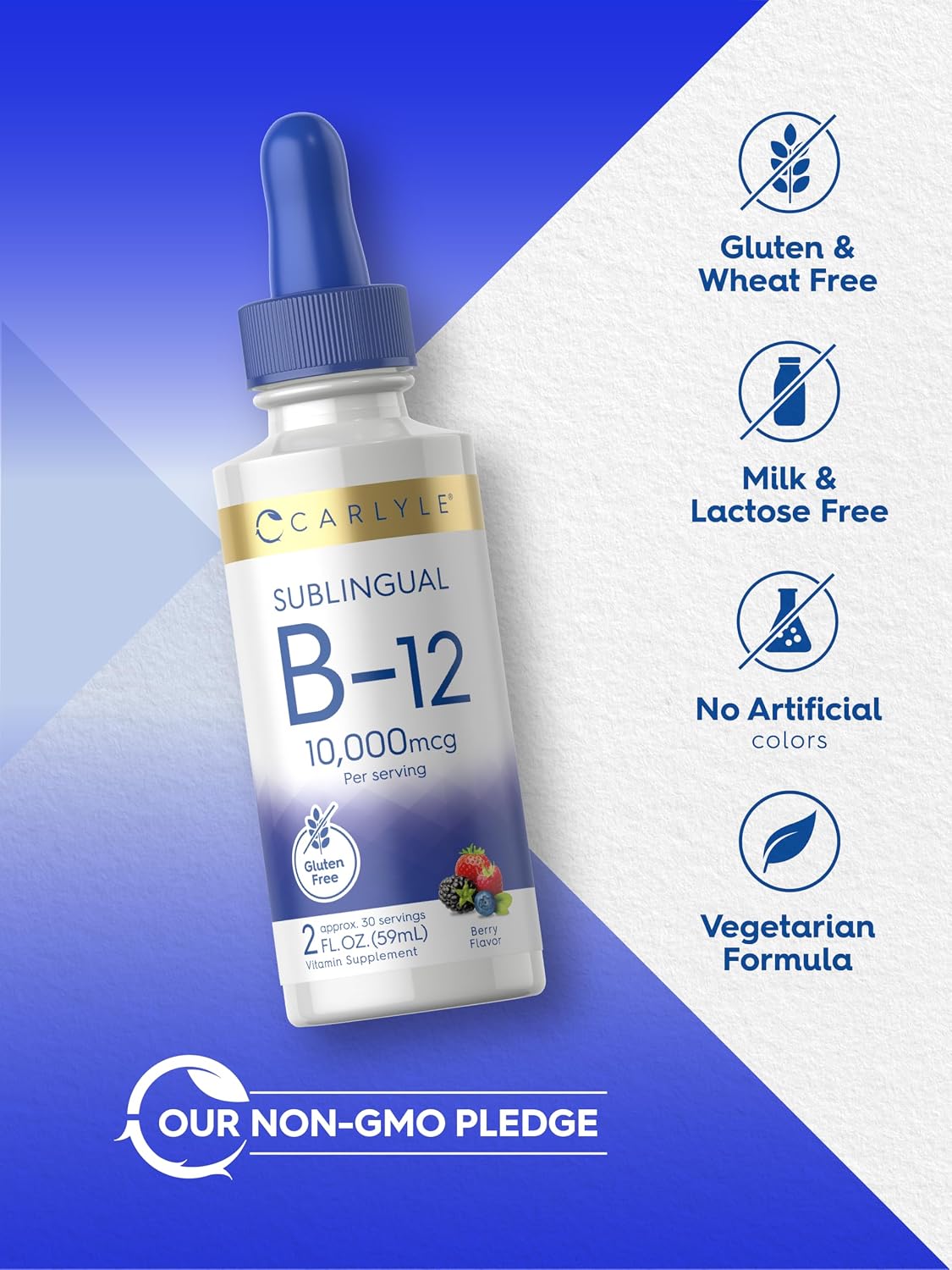 Carlyle Vitamina B12 Sublingual Líquida – 10.000 mcg – 60 ml – Cianocobalamina y Metilcobalamina – Sin Gluten y No-GMO