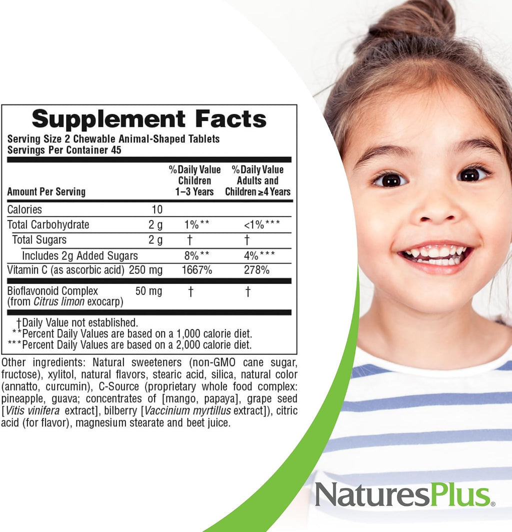NaturesPlus Animal Parade Vitamina C Masticable para Niños - Sabor Natural a Naranja - 90 Comprimidos con Forma de Animal, Pack de 4 - Vegano, Vegetariano, Sin Gluten - 180 Dosis