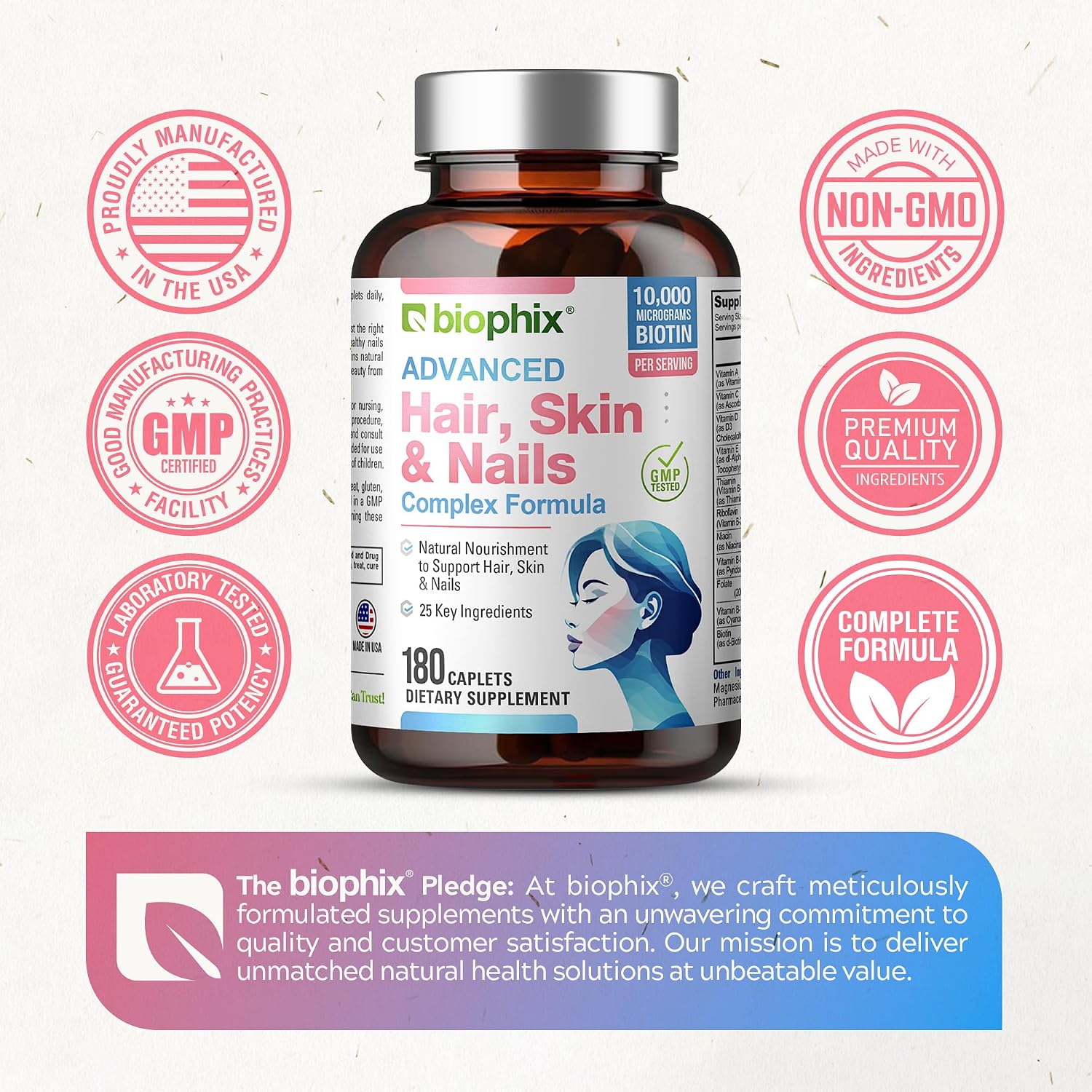 biophix Hair Skin and Nails Complex - 180 Caplets con 10.000 mcg de Biotina