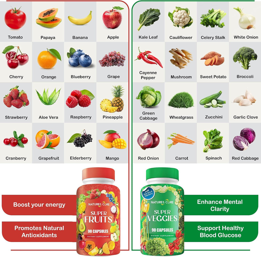 Nature's Core Suplemento de Frutas y Verduras - 360 Cápsulas - 100% Natural, Vegano, Sin Soja
