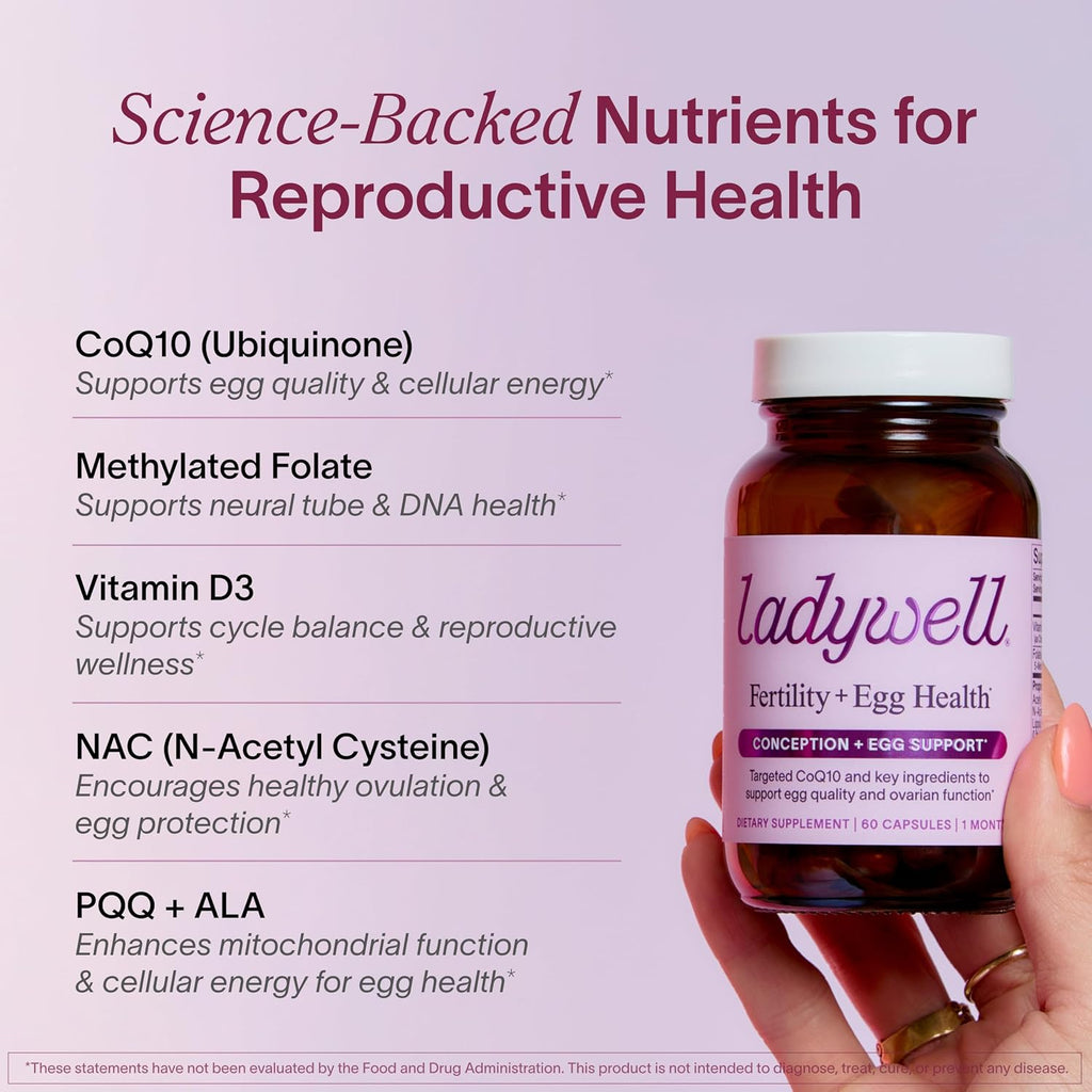 Ladywell Fertility + Egg Health – Suplemento de fertilidad con CoQ10, folato y vitamina D, 60 cápsulas