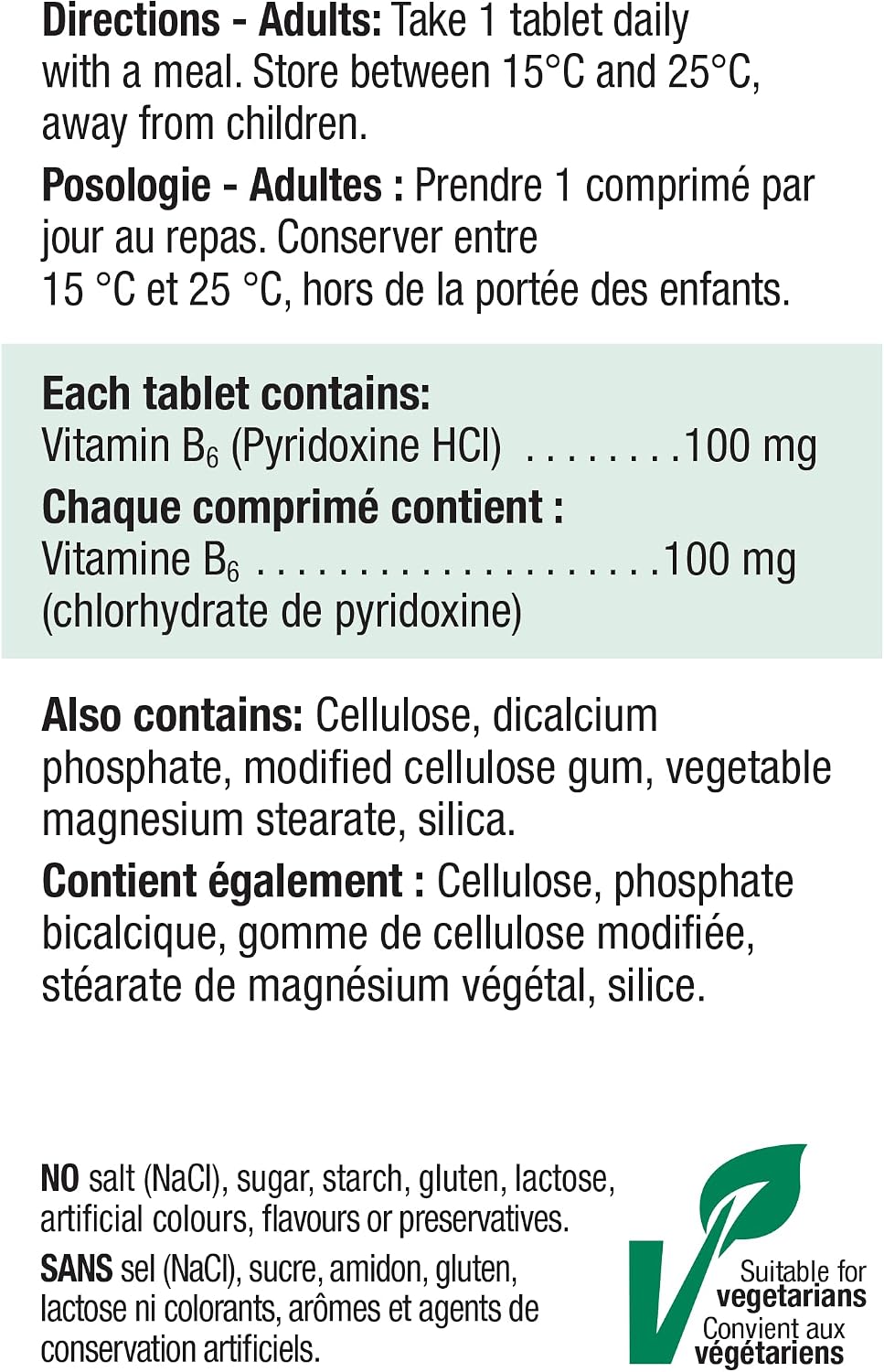 Jamieson Vitamina B6 (Piridoxina) 100 mg, 100 comprimidos