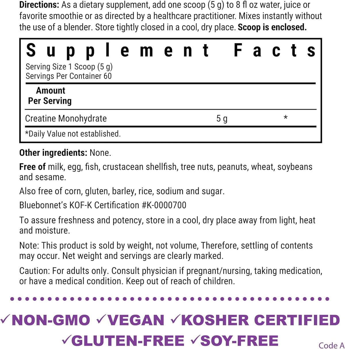 BlueBonnet Nutrition Creatina Monohidrato Micronizada 5g – Sin Sabor, 300g, 60 Servicios – Image 2