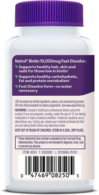 Natrol Biotin 10.000 mcg Comprimidos de Disolución Rápida, Sabor Fresa, 250 Unidades