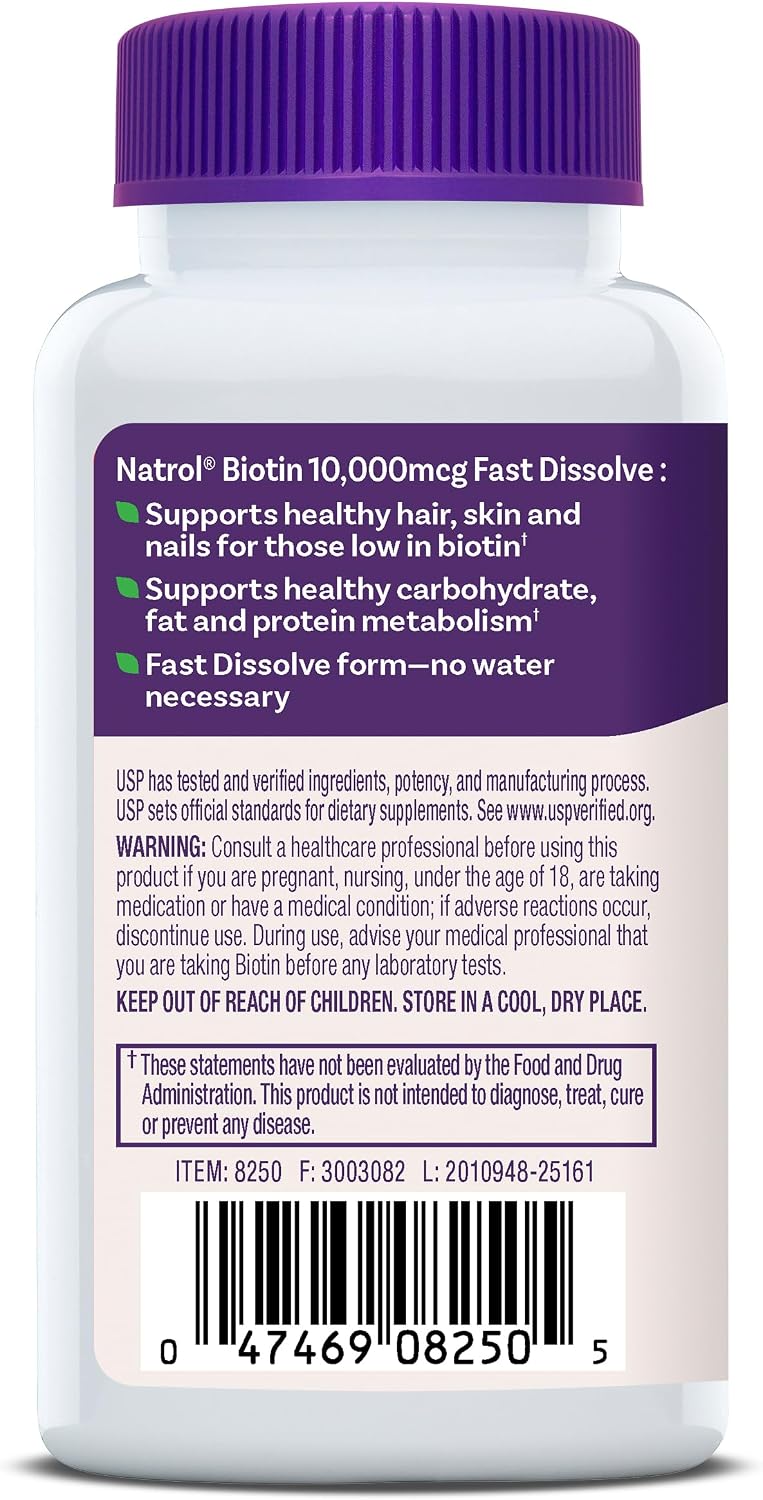 Natrol Biotin 10.000 mcg Comprimidos de Disolución Rápida, Sabor Fresa, 250 Unidades