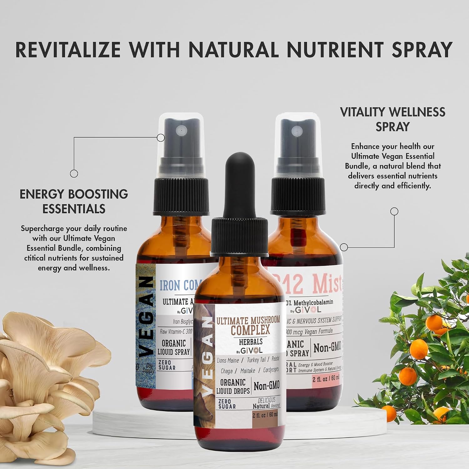 GIVOL Ultimate Vegan Essential Bundle Liquid Spray - Complejo de Hongos, Hierro Bisglicinato y Vitamina B12 Metilcobalamina, 60 ml (360 días)